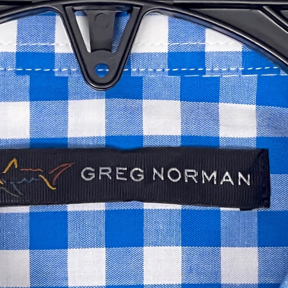 Greg Norman Button Down Shirt Mens L Teal Gingham Excellent Stretch Shark Logo - Picture 2 of 11